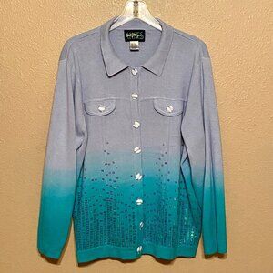 CAROL PATTERSON KNITS Sequin Embellished Sweater Ombre Cardigan Teal/Purple (L)